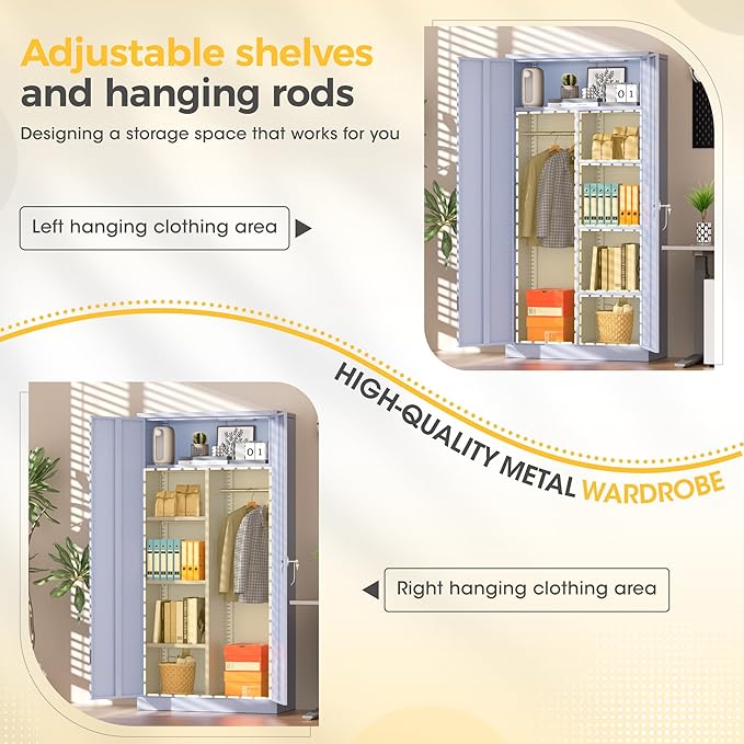 Greenvelly Metal Storage Wardrobe Cabinet with Lock, 72" Dark Grey Metal Wardrobe Closet for Hanging Clothes with Doors and Shelves, Modern Clothes Closet for Home, Office and Bedroom, School,Gym