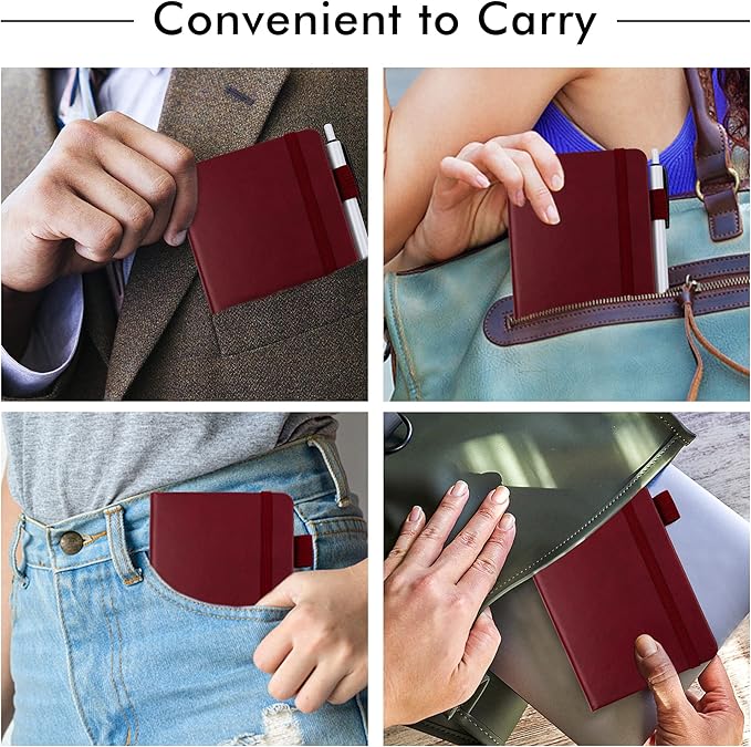 feela 6 Pack Pocket Mini Notebooks Bulk, Small Cute Memo Notepads Hardcover College Ruled Lined Journals with Pen Holder for School Business Work, with 6 Black Pens, 3.5”x 5.5”, A6, Wine