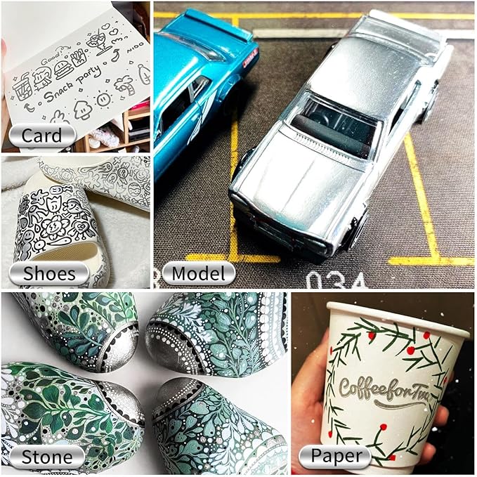 Silver Paint Pens Paint Markers - 12 Pack Permanent Markers Oil Based for Metal Wood, Pens for Metal, Car Tyre, Wood, Plastic, Rock Painting, Glass, Craft Supplies, Waterproof