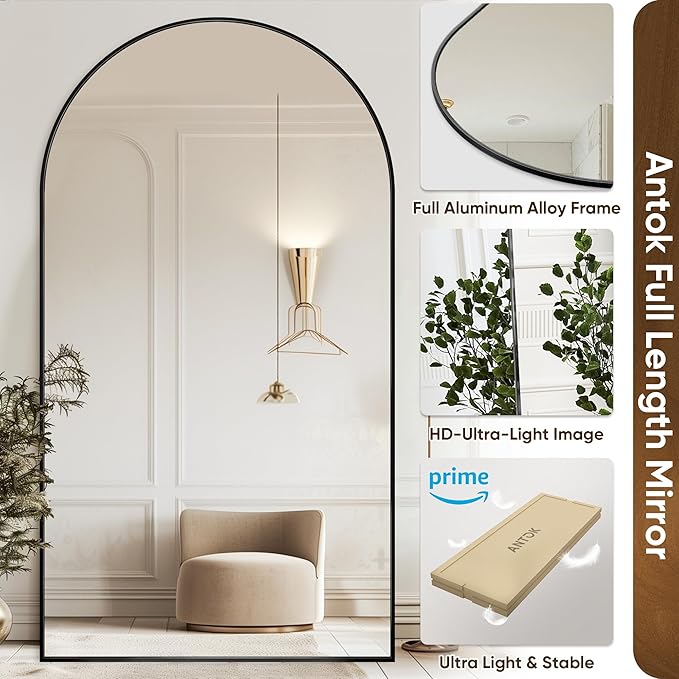 Antok Full Length Mirror, 83"x44" Oversized Floor Mirror Freestanding, Full Body Mirror Floor Standing Mirrors with Stand, Hanging Mounted Mirrors for Living Room Cloakroom,Black,Arched Style