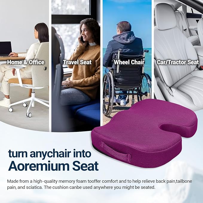 Gel Seat Cushion for Car Office - Memory Foam Pain Relief Chair Pillow Cushions - Tailbone Sciatica Coccyx Butt Lumbar Support Pad for Sitting Driving Traveling, Mesh, Purple