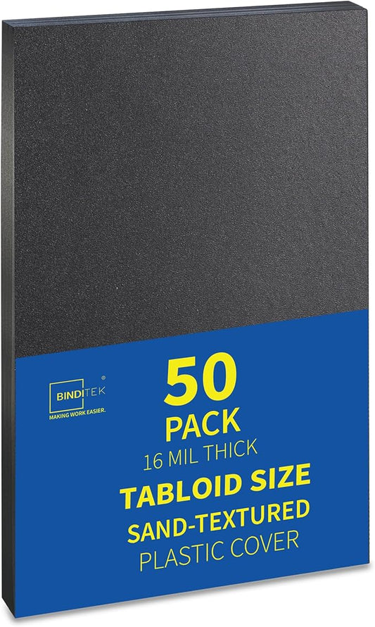 Binditek 50 Pack 16 Mil Sand-Textured Polycover, 11 x 17 Inches Front and Back Covers, Lightly Sanded Finish, Heavyduty Binding Presentation Covers for Business Reports, Tabloid, Black