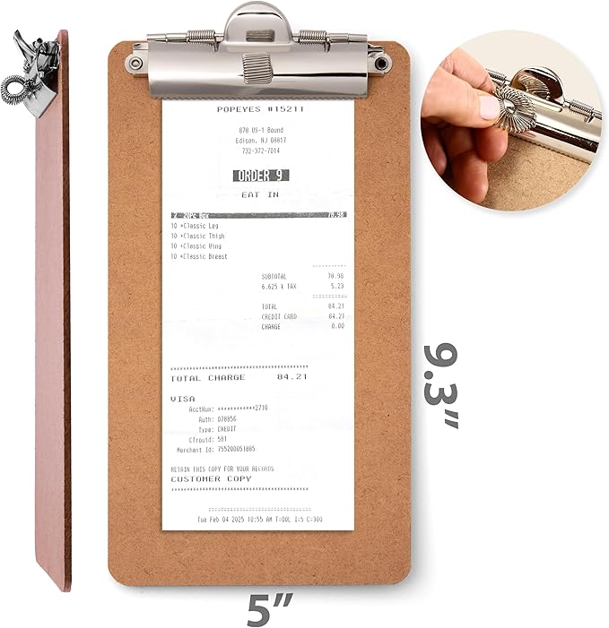 Officemate 5" x 9" Clipboard for Receipts, Low Profile Metal Clip & Pen Holder on Top, Memo Size for Restaurants, Hotels, Food Trucks, Bars, Schools, 12 Clipboards + 12 Zebra Pens (83157)