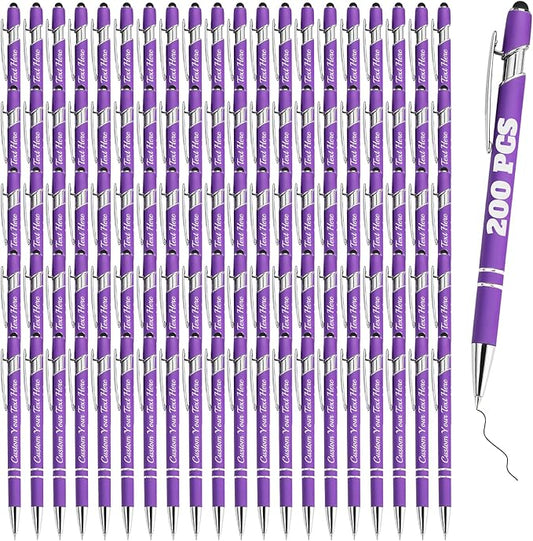 Personalized Pens Bulk 200 with Name Custom Engraving Ballpoint Pens with Stylus Tip Customized Smooth Writing Pens Personalized Gifts for Anniversary Birthday or Graduation(Purlpe,Black Ink)