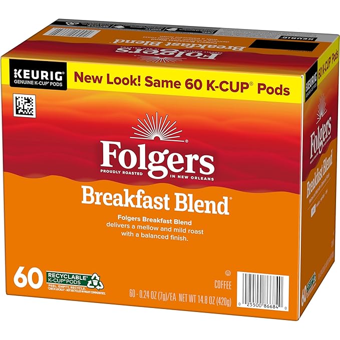 Folgers Breakfast Blend Coffee, Mild Roast, Keurig K-Cup Pods, 10 Count (Pack of 6)