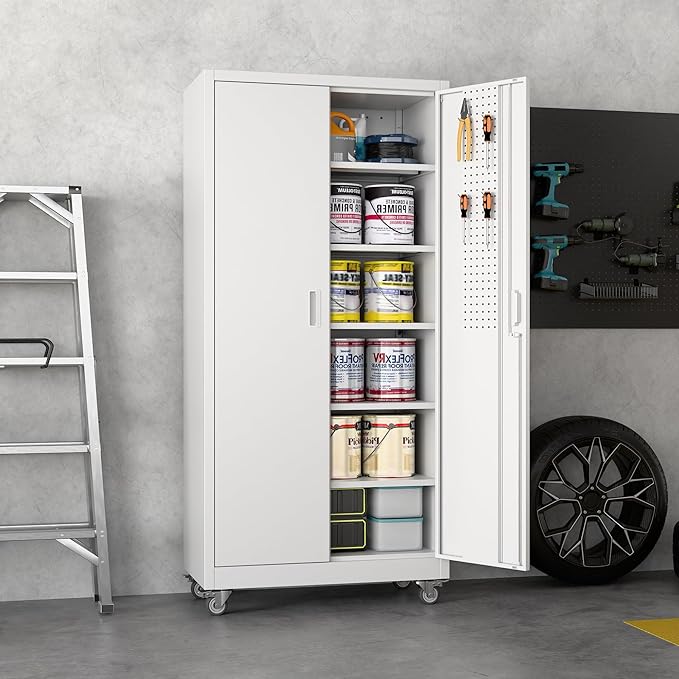 Aobabo Upgraded Garage Storage Cabinets with Wheels,Metal Storage Cabinets with 5 Adjustable Shelves for Garage Home Office Storage, White,71''H*32''W*16''D,Assembly Required