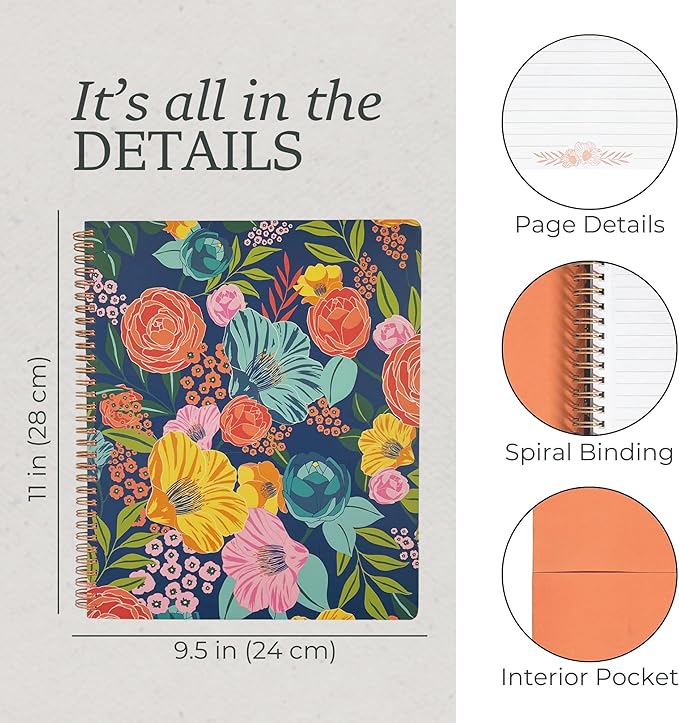 Steel Mill & Co Cute Large Spiral Notebook College Ruled, 11" x 9.5" with Durable Hardcover and 160 Lined Pages, Garden Blooms (Navy)