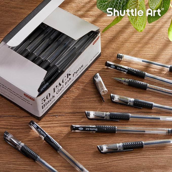 Shuttle Art Black Gel Pens, 50 Pack Fine Point Black Ink Pens Bulk, 0.5mm Rollerball Gel Ink Pens Smooth Writing with Comfortable Grip for Office, School and Home