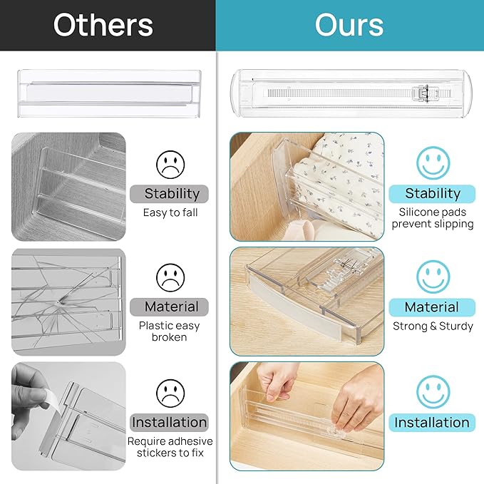 Vtopmart 14 Pack Drawer Dividers for Clothes, 4" High 10.2"-16.6" Adjustable Expandable Dresser Drawer Organizer, Clear Plastic Separators for Dresser, Baby Clothing, Underwear, Cosmetic, Toiletries