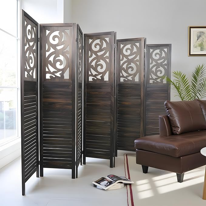 Room Divider, 5.6FT Folding Room Divider Panel, 8 Panel Craved Wood Partition Wall Divider for Room Separation, Rustic Brown