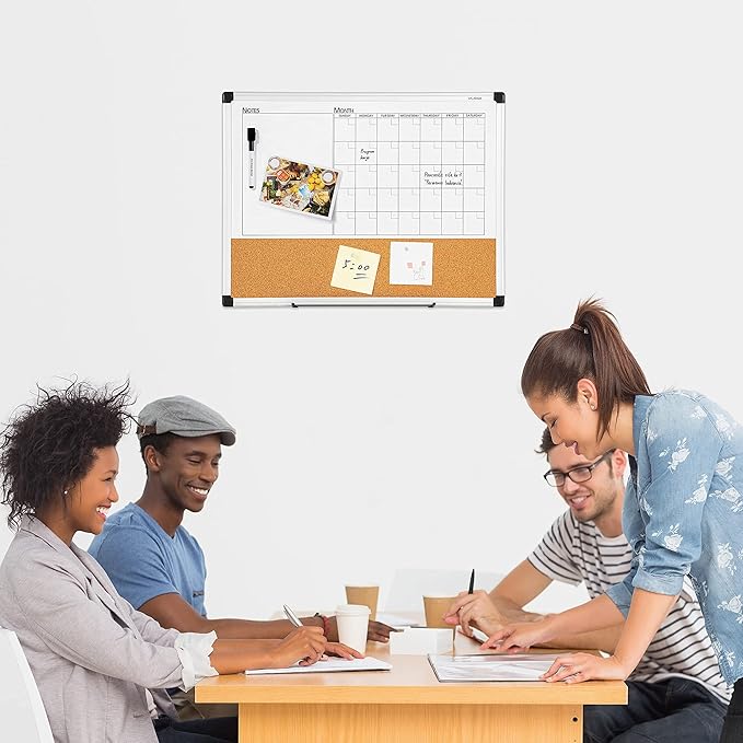 VUSIGN Monthly Calendar Whiteboard Dry Erase Cork Board Combo, 18" x 24" Planning Board, Silver Aluminium Frame