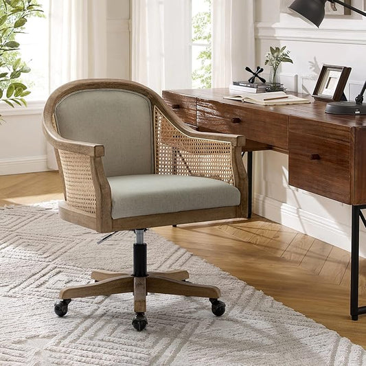 HULALA HOME Rattan Desk Chair, Upholstered Home Office Chair, Vintage Office Chair with Armrest, Adjustable Swivel Rolling Height Task Chair for Living Room Bedroom Study Room, Linen