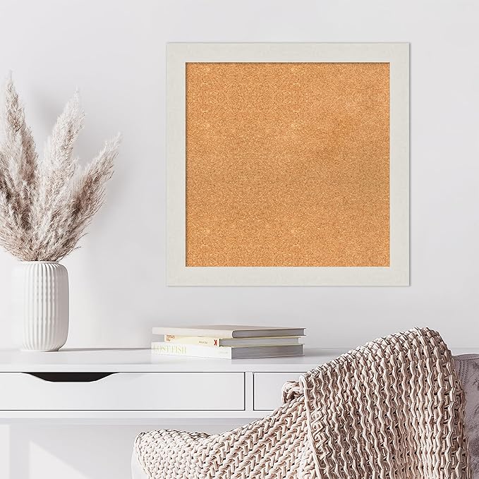 Amanti Art Natural Cork Board for Wall, 25x25 Vision Board with White Frame, Medium Corkboard Office Decor for Home Organization, Country Rustic Corkboard Pinboard to Display Items for Home