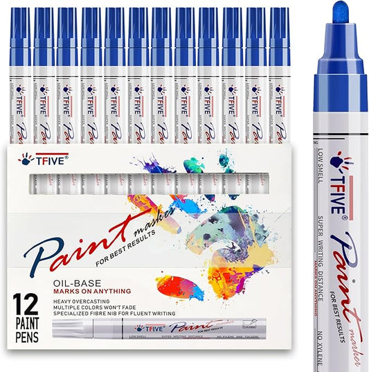 TFIVE Blue Paint Pens Markers - 12 Pack Oil Based Permanent Marker, Medium Tip, Never Fade, Quick Dry, Waterproof Paint Pen for Rocks Painting, Wood, Fabric, Plastic, Canvas, Glass, Metal