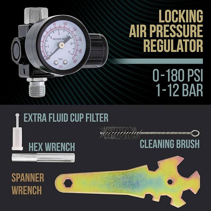 TCP Global Professional HVLP Spray Gun 1.8mm - Gravity Feed Auto Paint Gun Kit for Basecoat, Clearcoat, Primer - Spray Guns Paint Sprayer with Air Compressor Regulator (G6600-13)