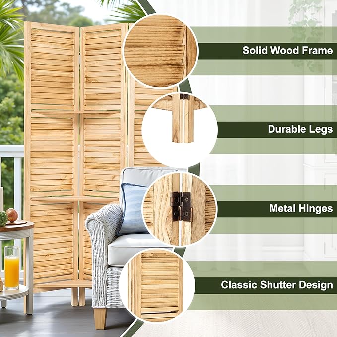 NicBex 6 Panel Room Divider 5.6FT Louvered Design Room Dividers with Display Storage Shelves Folding Privacy Screens Portable Freestanding Partition Wall Dividers for Home Bedroom Office, Natural Wood