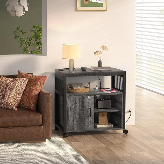 Unikito Rolling File Cabinet Lateral Office Filing Cabinets with Socket and USB Charging Port, Modern Printer Stand on Wheels Printer Cabinet with Door and Open Storage, Lockable, Black Oak