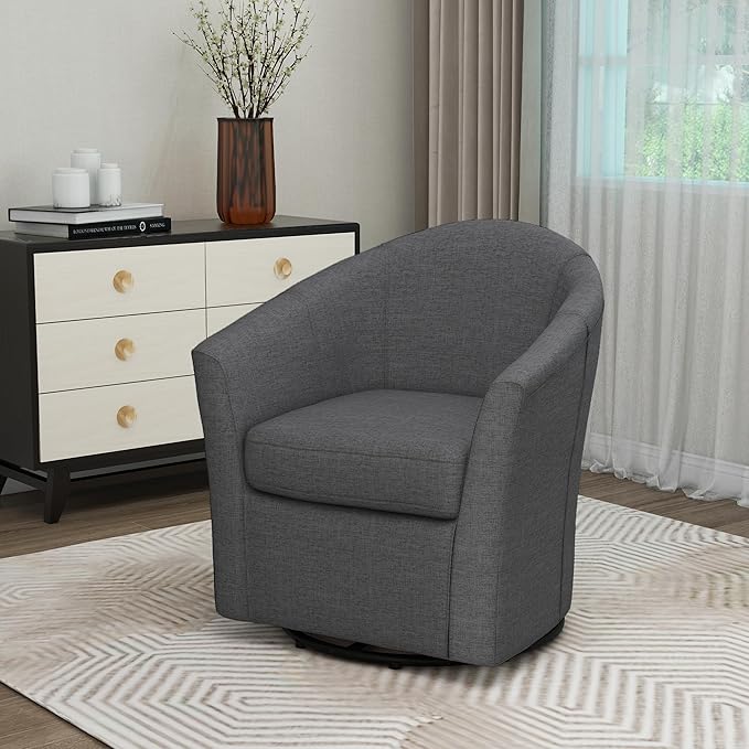 UIXE 360° Swivel Barrel Accent Chair, Modern Round Arm Chair Upholstered Club Armchair, Single Sofa Seating in Fabric for Living Room, Bedroom (Dark Grey)