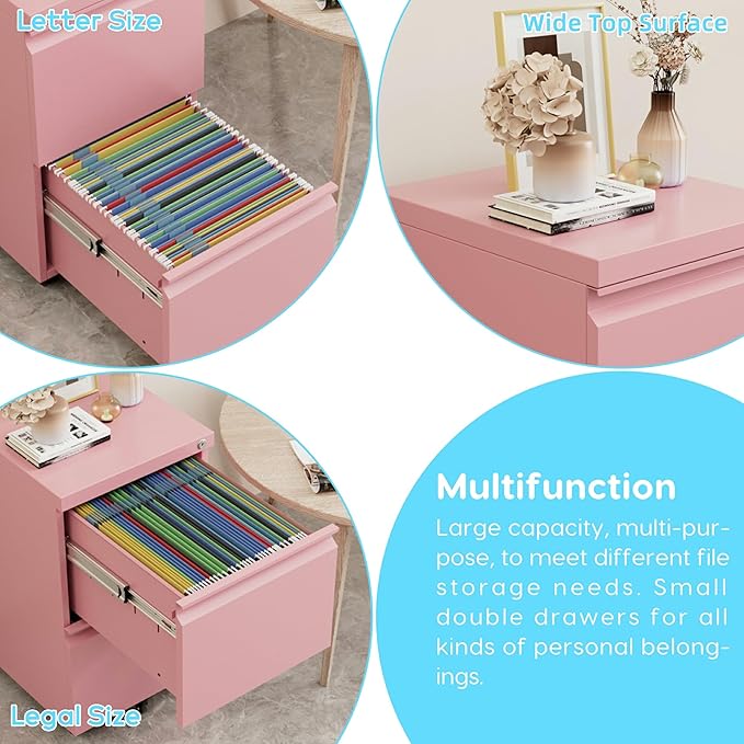 Aobabo 2 Drawer File Cabinet, Lockable Metal Filing Cabinet with Wheels for Home Office, Legal/Letter Size, Fully Assembled Except Wheels, Pink
