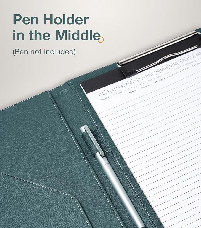 Clipboard Folder Padfolio A4, Mymazn Writing Portfolios Faux Leather Clipboards with Cover for Legal Pad Holder Letter Size 8.5 x 11 for Business Conference Notepad Clip Board (Gray Green)