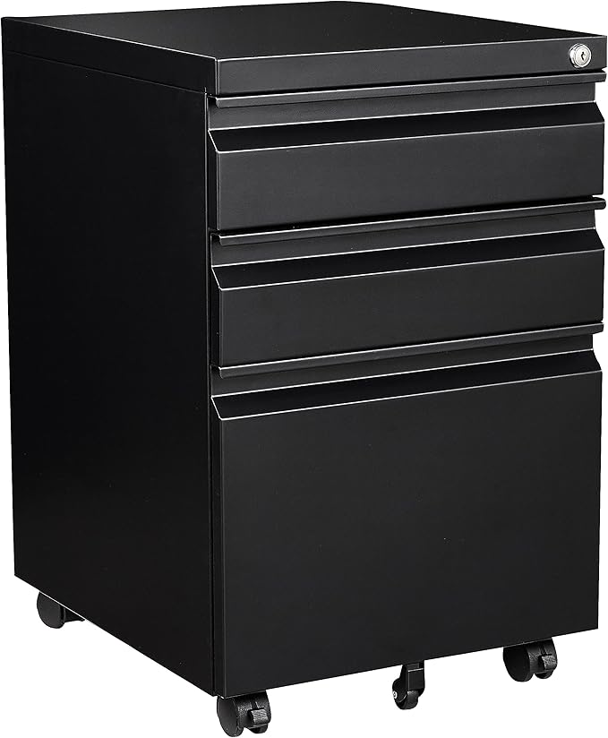 3 Drawer Mobile Metal File Cabinet, Black Filling Cabinets with Lock, Pre-Built Office Storage File Cabinet with Wheels Under Desk - Assembled Required