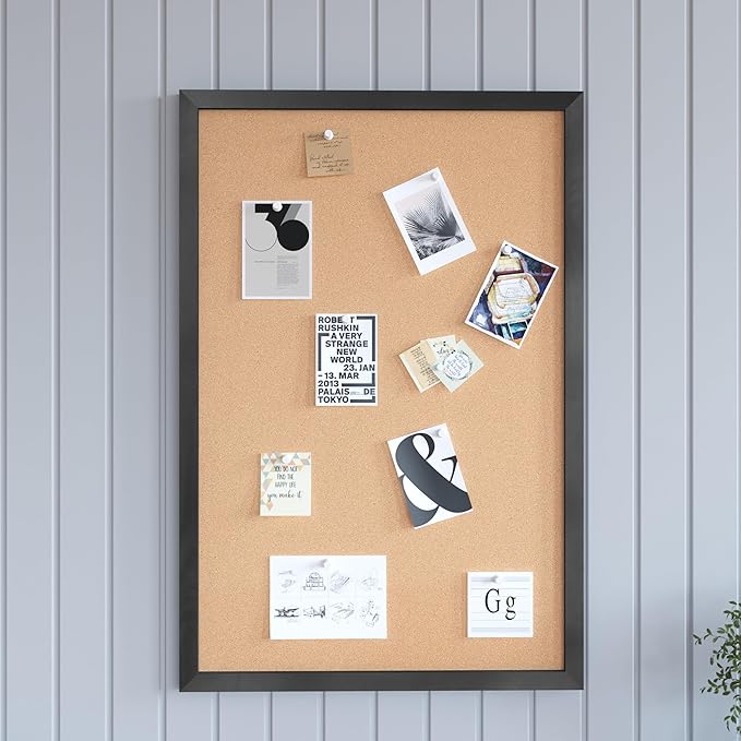 HBCY Creations Wall Mount Black Cork Board - 24" W x 36" H - 6 Wooden Push Pins - Solid Pine Wood Frame - for Kitchen, Classrooms, Restaurant Menus and More!