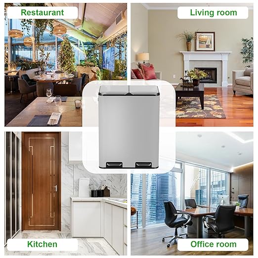 PayLessHere Trash Can, 16 Gallon (2x8G) 60 Liter Rectangular Trash Cans Stainless Steel Step Trash Can with Inner Buckets and Hinged Lids, Suitable for Kitchen Office Home Use,Silver
