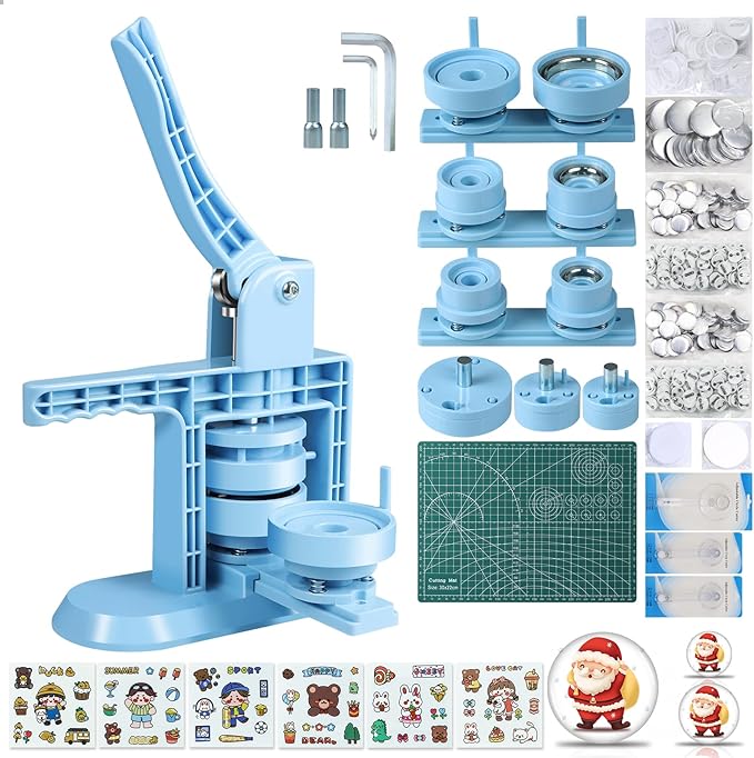 Button Maker Machine Multiple Sizes 1+1.25+2.25inch(4th Gen), DIY Button Pin Maker Machine Kit, Badge Press Machine with 300PCS 25+32+58mm Button Making Supplies& Cutting Mat&Circle Cutter