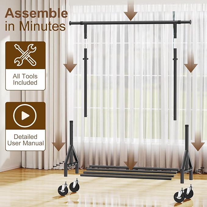 Heavy Duty Clothes Rack Load 520LBS, Adjustable Rolling Clothing Rack with Sturdy Wheel, Metal Industrial Closet Garment Racks for Hanging Clothes Coat, Portable for Bedroom, Laundry Living Room