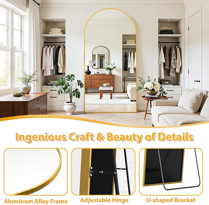 Full Length Mirror, 78"x38" Oversized Floor Mirror Freestanding, Full Body Mirror Floor Standing Mirrors with Stand, Hanging Mounted Mirrors for Bedroom Living Room, Gold, Arched Style