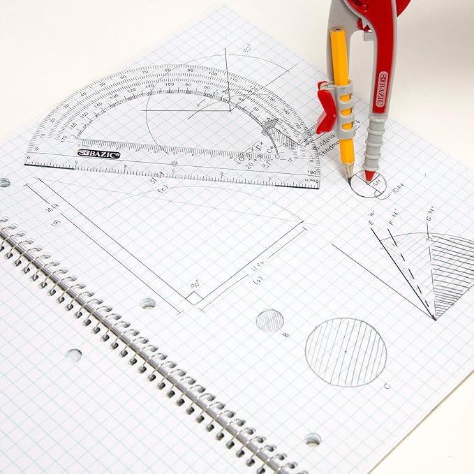 BAZIC Geometry Math Compass Set w/Scale-Arm, 6" Protractor, & HB Wood Pencil, Inch Centimeter, Mathematical Drafting Drawing Tool, 144-Packs