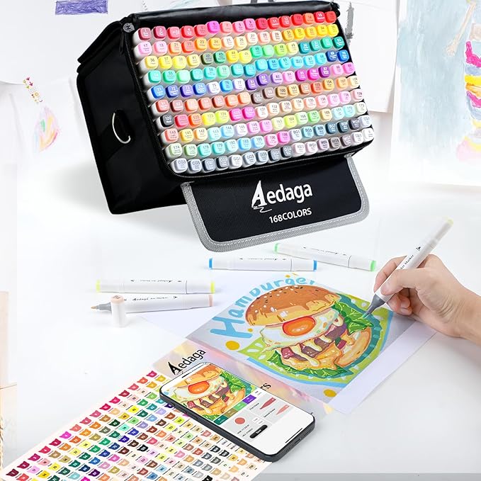 YHC 168 Colors Alcohol Markers for Artists, Free APP for Coloring, Dual Tips Alcohol-Based Markers for Drawing,Painting and Sketching, Great Gift Idea for Kids and Adults