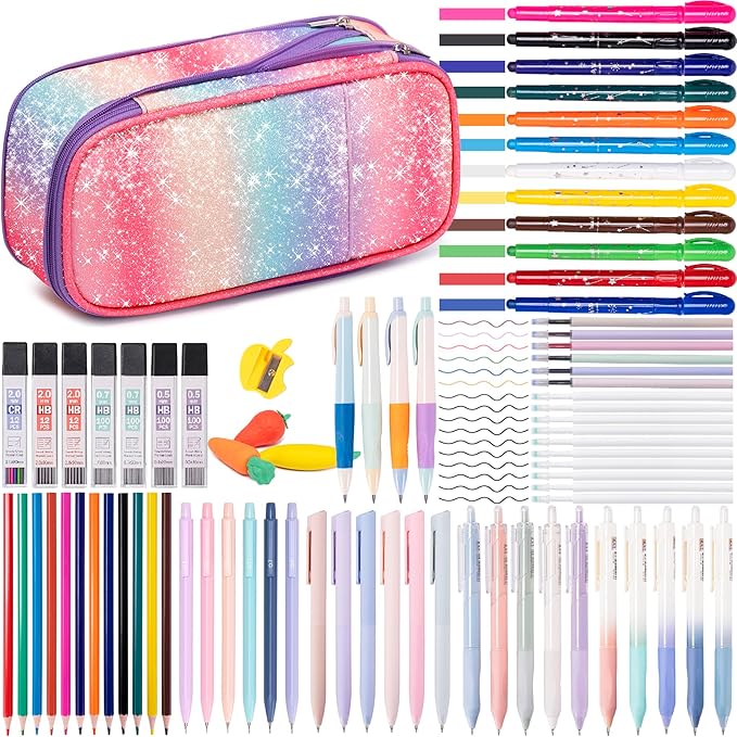 78 PCS Aesthetic School Set for Girls - Pen Case, Pastel Highlighters, 16 Pens, 10 Mechanical Pencils, 12 Sharpened Colored Pencils, 452 Refills - Cute Christian Journaling & Drawing Kit for Teens