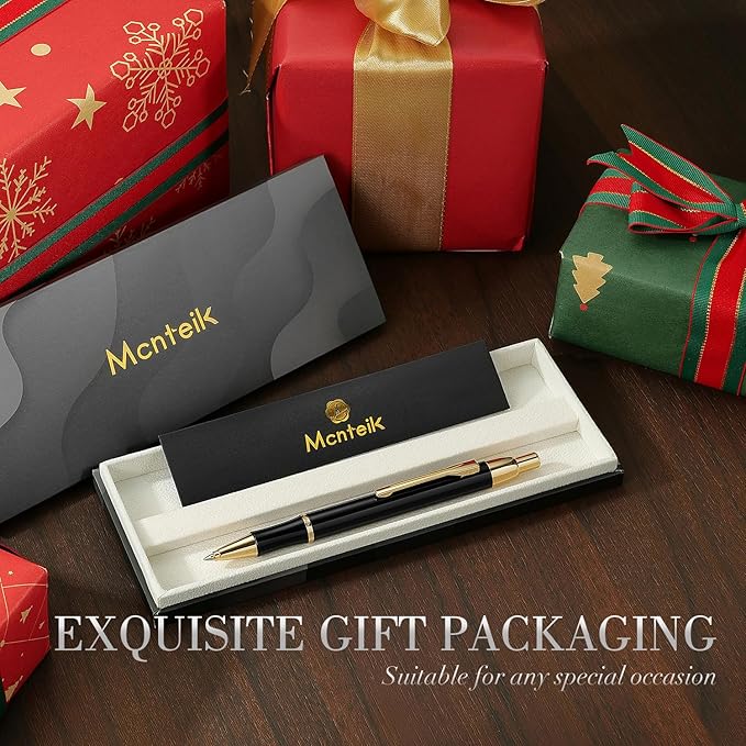 Black Gel Pen With 24K Gold Finish, Fine lacquer work, Best Men's And Women's Gift Pen Set, Professional, ADMOK Black Refill, Smooth Writing, Executive, Office, Click, Nice Retractable Pens