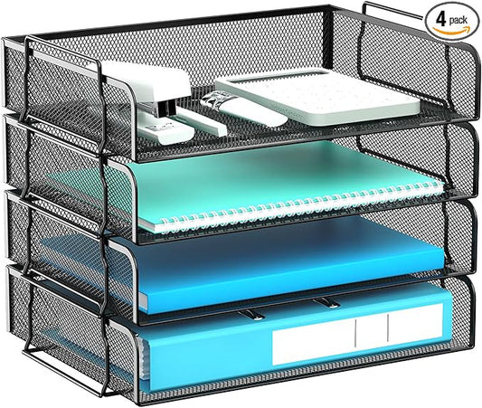4 Tier Stackable Letter Tray, Metal Mesh File Storage Desktop Organizer for Home Office, Black