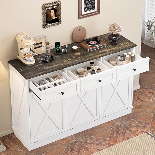 Triple 13 Gallons Tilt Out Trash Cabinet, Farmhouse Garbage Recycling Cabinet with Power Outlets, 3 Drawers, Pet Proof, Freestanding Kitchen Trash Bin Cabinets, White