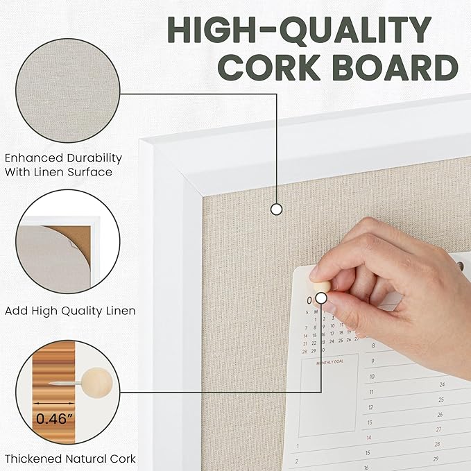 Bulletin Board Cork Board with Linen, 100% Wood Framed 18" x 24" Bulletin Board Decorations, Pin Boards for Walls, Wall Mounted Fabric Picture Board with 10 Pushpins for School, Home & Office, White