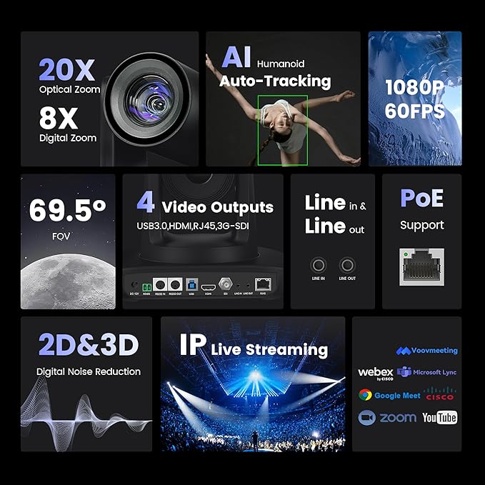 AI Auto Tracking PTZ Camera 3G-SDI/USB3.0/HDMI/LAN IP PoE Live Streaming 20X Optical and 8X Digital Zoom Camera 1080P 60FPS for Church Services Worship Education Events vMix OBS YouTube