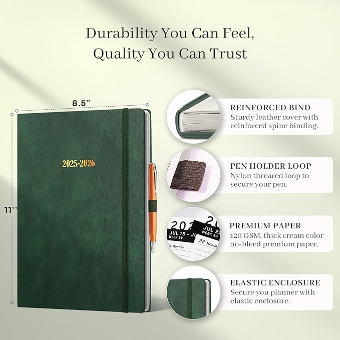 Ensight 2025-2026 HARDCOVER Leather Planner Weekly & Monthly - 8.5x11 Inches - Academic Planner Business Personal or Student - Pen Holder, Thick Paper, July 2025 - June 2026 (Green)