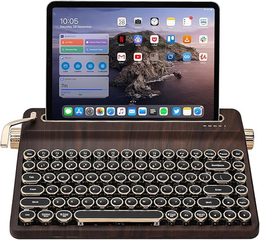YUNZII QL75 Wireless Typewriter Hot Swap Retro Mechanical Keyboard,Punk Round Keycaps,RGB Backlit QMK/VIA Programmable, Multi-Device Keyboard with 2.4GHz/Type-C/BT5.0 (Wood, Cocoa Cream V2 Switch)