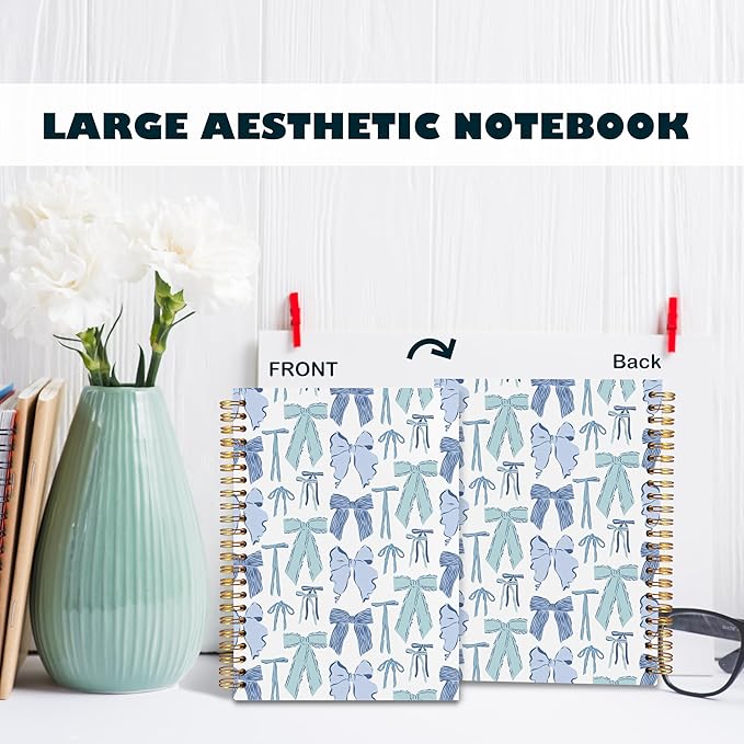 BearCake Bow Notebook Journal,Trendy Coquette Blue Bow Notebook for Women Notebook Note Taking,Hardcover Spiral Notebook 5.5x8.3