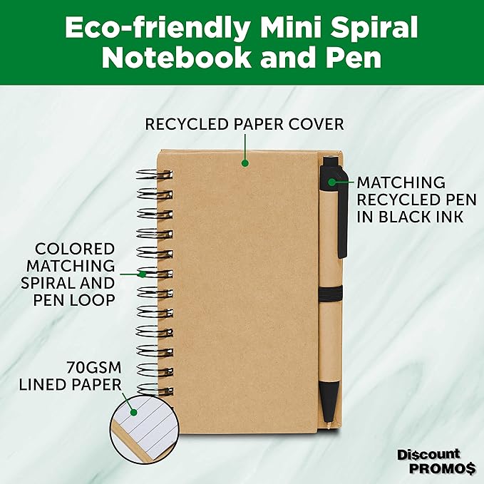 Mini Spiral Notebooks with Black Ink Pens Set of 10, Bulk Pack - Perfect for School, Office, Business, Home - Black
