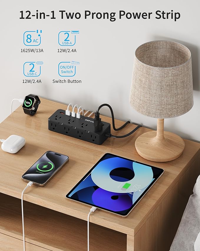 Black 2 Prong Power Strip, 2 to 3 Prong Outlet Adapter with 8 AC & 4 USB Ports (2 USB C), 6 FT Extension Cord, 1700J Two Prong Surge Protector, Wall Mountable, Ideal for Old House