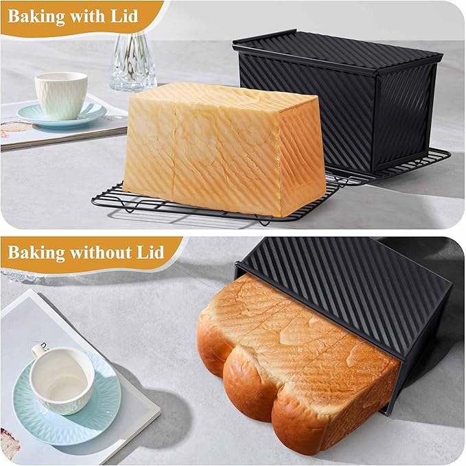 LIANYU Pullman Loaf Pan with Lid, 1 LB Nonstick Bread Loaf Pan, Metal Baking Tin for Homemade Sourdough Bread, Carbon Steel Bakeware Toast Box with Cover for Toast Oven Baking, Black