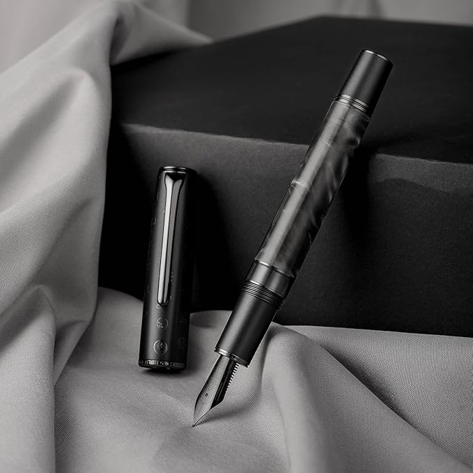 Hongdian N7 Gray Resin Piston Fountain Pen, Iridium Extra Fine Nib Classic Pen Rabbot on Cap Top, Smooth Writing Pen with Metal Box