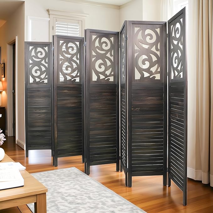 Room Divider, 5.6FT Folding Room Divider Panel, 8 Panel Craved Wood Partition Wall Divider for Room Separation, Rustic Brown