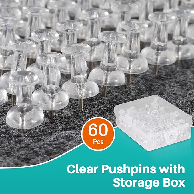 60Pcs Push Pins for Bulletin Board, Thumb Tacks for Cork Board, Clear Plastic Head, Steel Tip, Thumbtacks for Wall Poster Photo Maps Pictures Office Home Decor