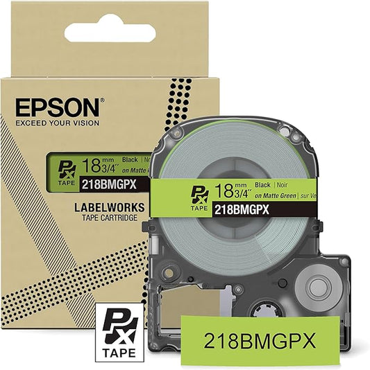 Epson LABELWORKS 218BMGPX Genuine PET (Polyester) Tape Cartridge - Black on Matte Green Designer Craft Label Maker Tape - 3/4" (18MM) Wide, 26'
