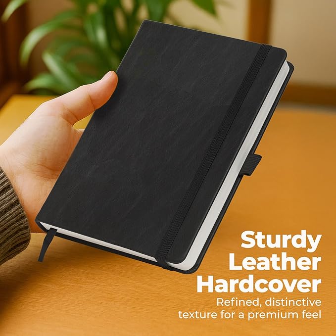 Lined Leather Bound Journal Notebook, A5 Hardcover - Black 5.8x8.3" - Thick 300 Pages College Ruled Paper Journals for Men and Women - Personal and Professional Note Book for Writing & Journaling