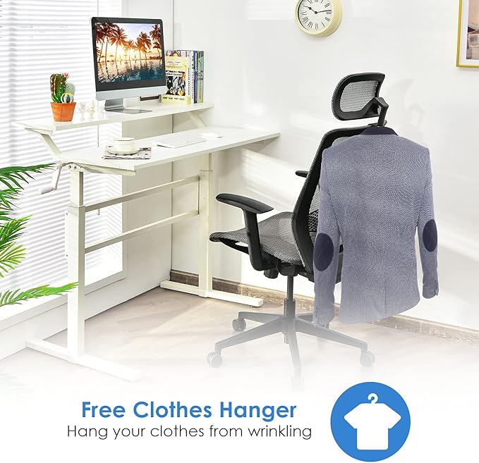 POWERSTONE Ergonomic Mesh Office Chair - High Back Computer Desk Tilt Lock Mesh Seat with Lumbar Support and Clothing Hanger, Executive Swivel Mesh Chair with Adjustable Arms and Headrest (Grey)